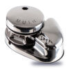 The above-deck unit of a Muir VR2200 vertical windlass, showing the rope-chain gypsy and polished stainless steel finish.