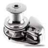 The above-deck unit of a Muir VRC2200 vertical windlass, featuring a rope capstan, chain gypsy, and polished stainless steel finish.