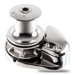 The above-deck unit of a Muir VRC2200 vertical windlass, featuring a rope capstan, chain gypsy, and polished stainless steel finish.