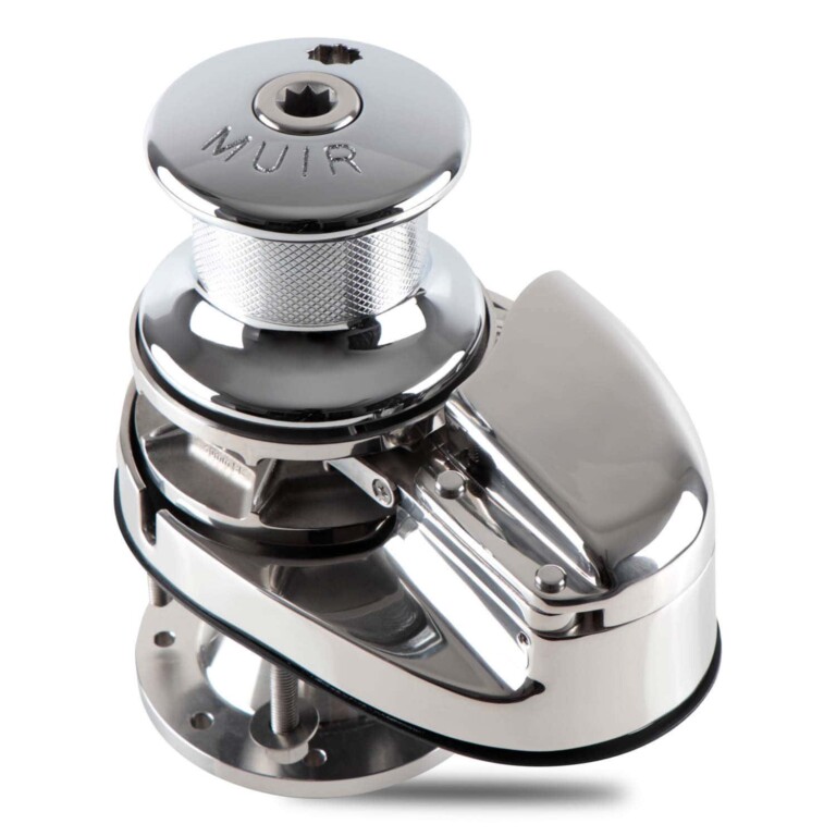 Product image of the Muir VRC2500 vertical windlass with capstan, featuring the MORS (Manual Override System) option, on a white background.