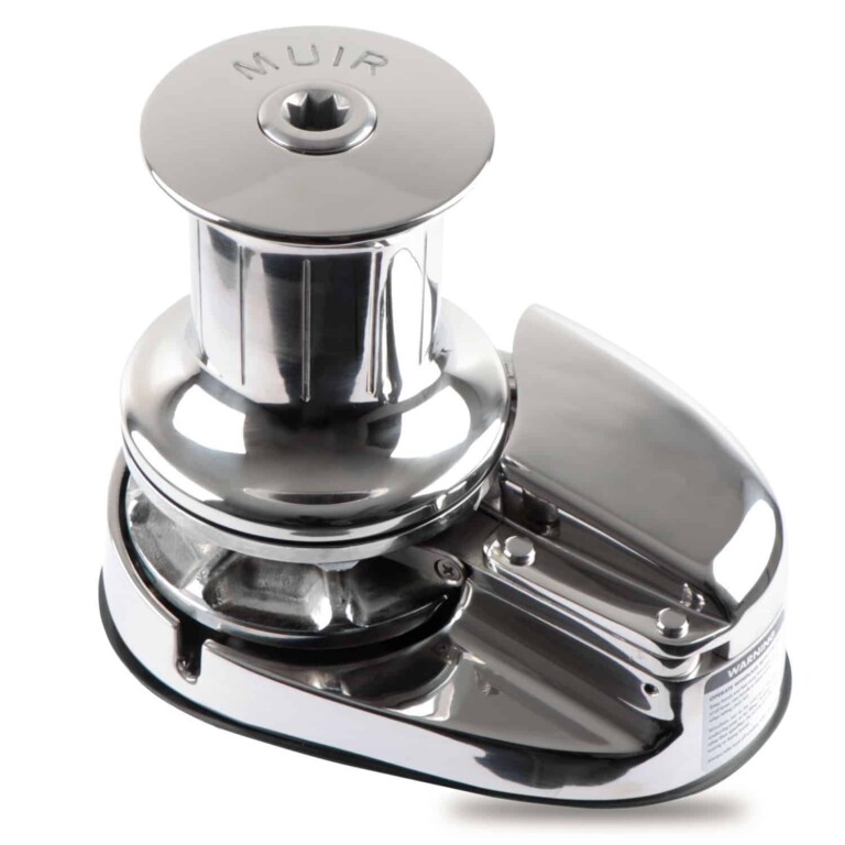 A stainless steel Muir VRC2500 Non-MORS vertical rope and chain windlass, shown on a white background. / Recreational Equipment