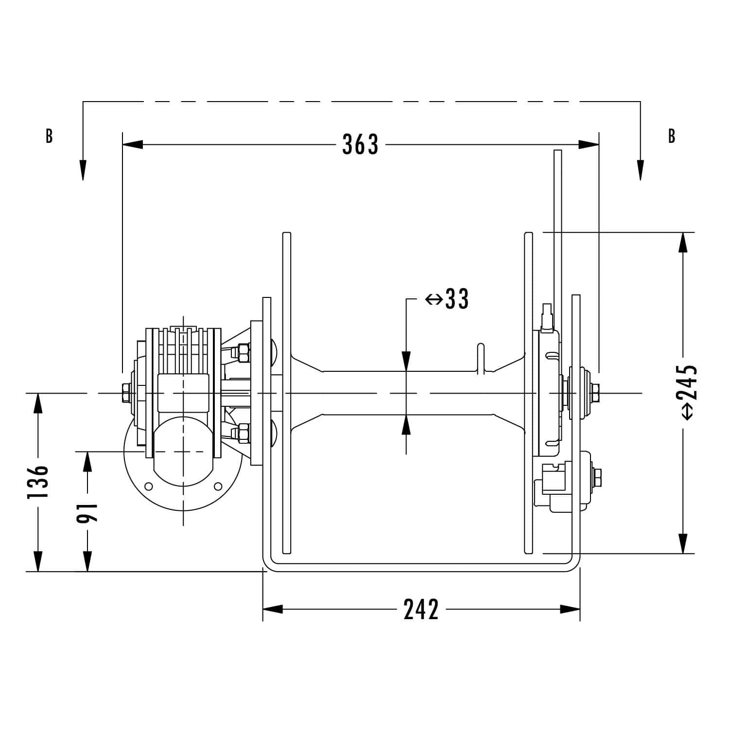 Precise engineering drawing of industrial machinery from Muir Engineering with detailed dimensions.
