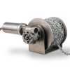 High-pressure industrial chain hoist with electric motor and stainless steel chain for lifting tasks in engineering facilities.