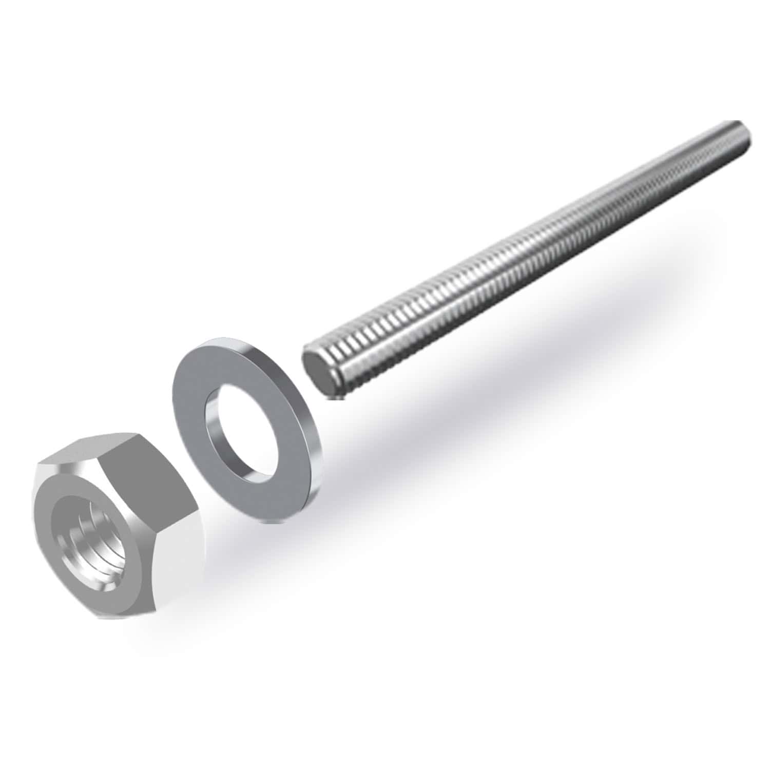 Precision stainless steel bolt with nut and washer for engineering applications.