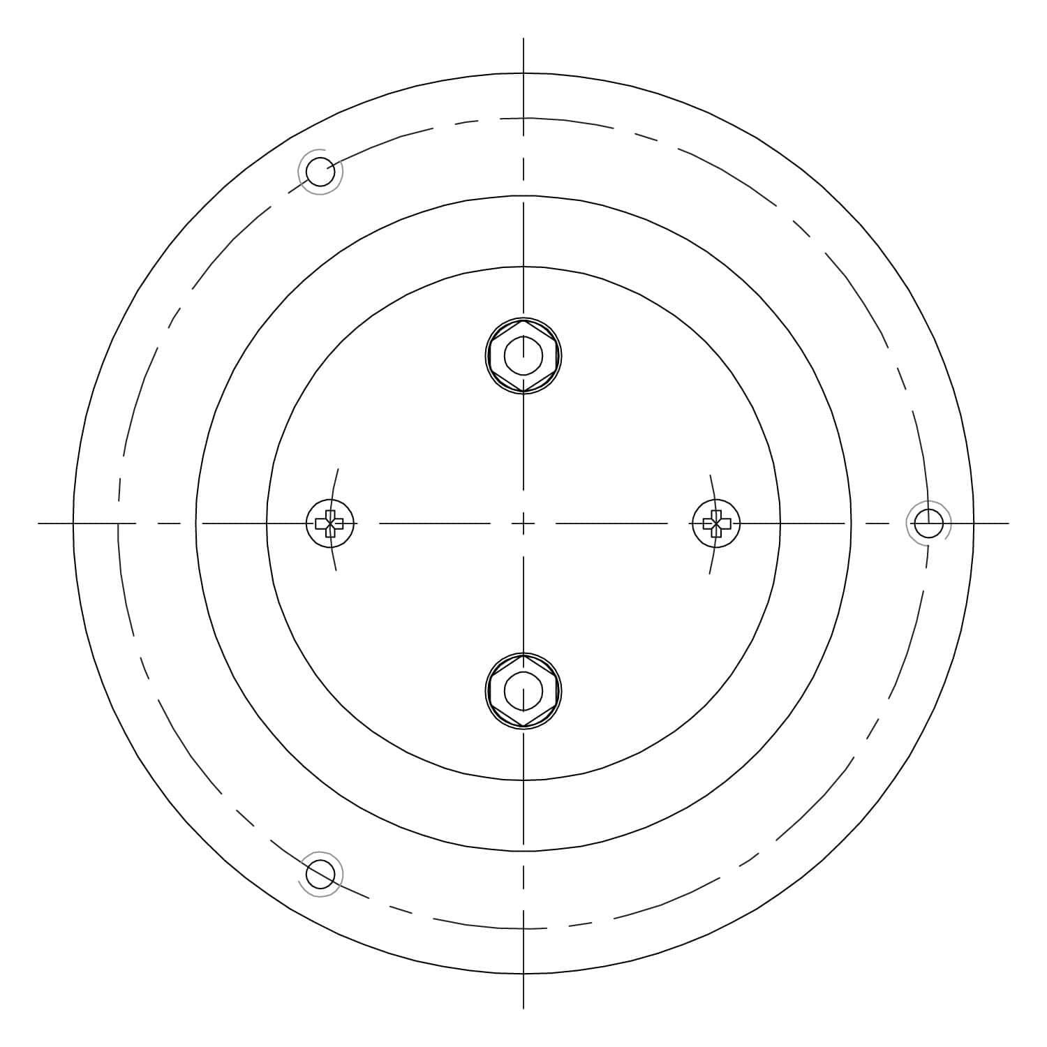 Precision engineering technical drawing of circular mechanical component with bolts and assembly details.