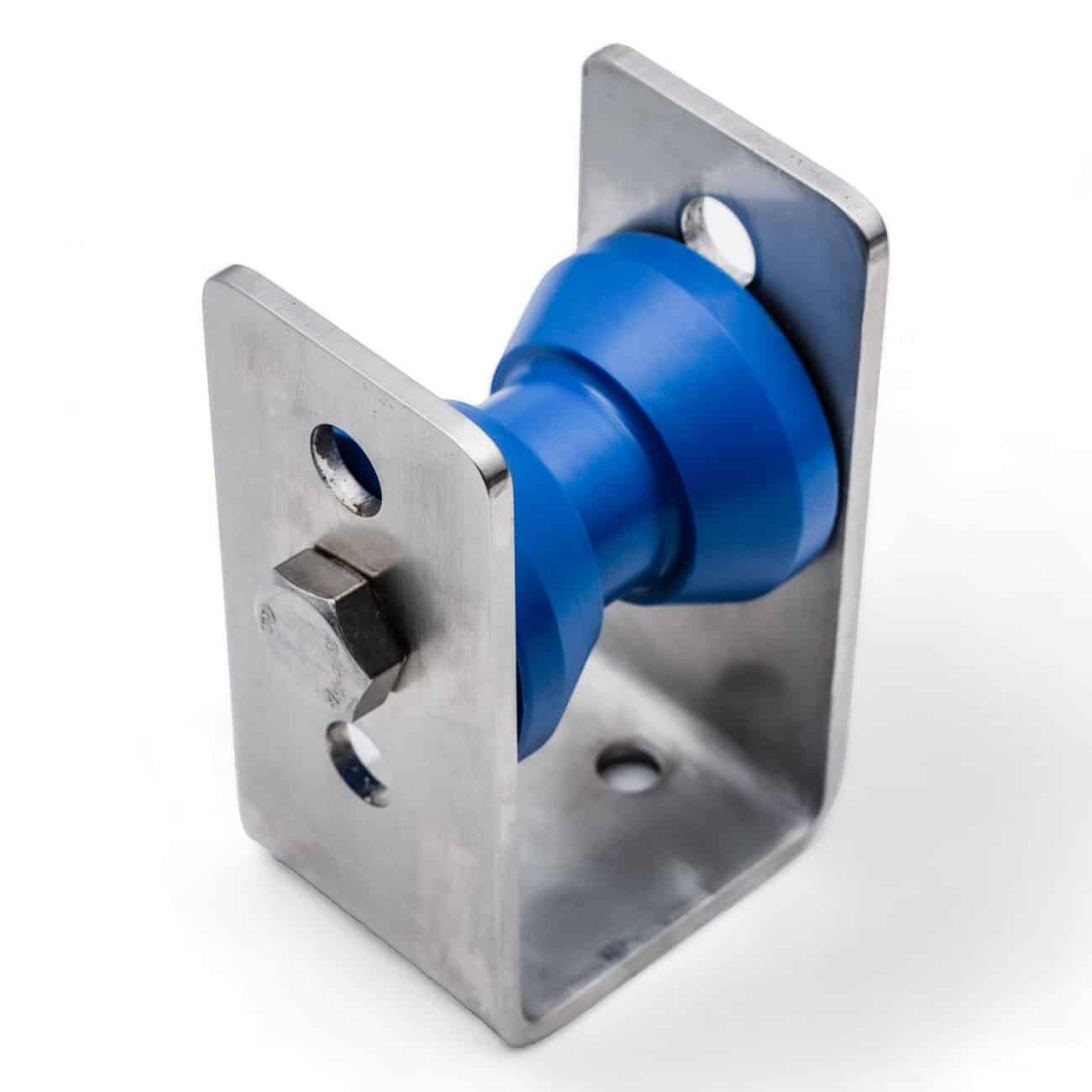 Metal blue roller bearing mounted on a bracket for engineering applications.