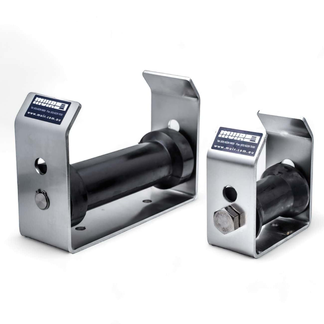 Steel rollers with mounting brackets for industrial precision. Used in engineering and manufacturing applications. / Drum Winch Guide Rollers
