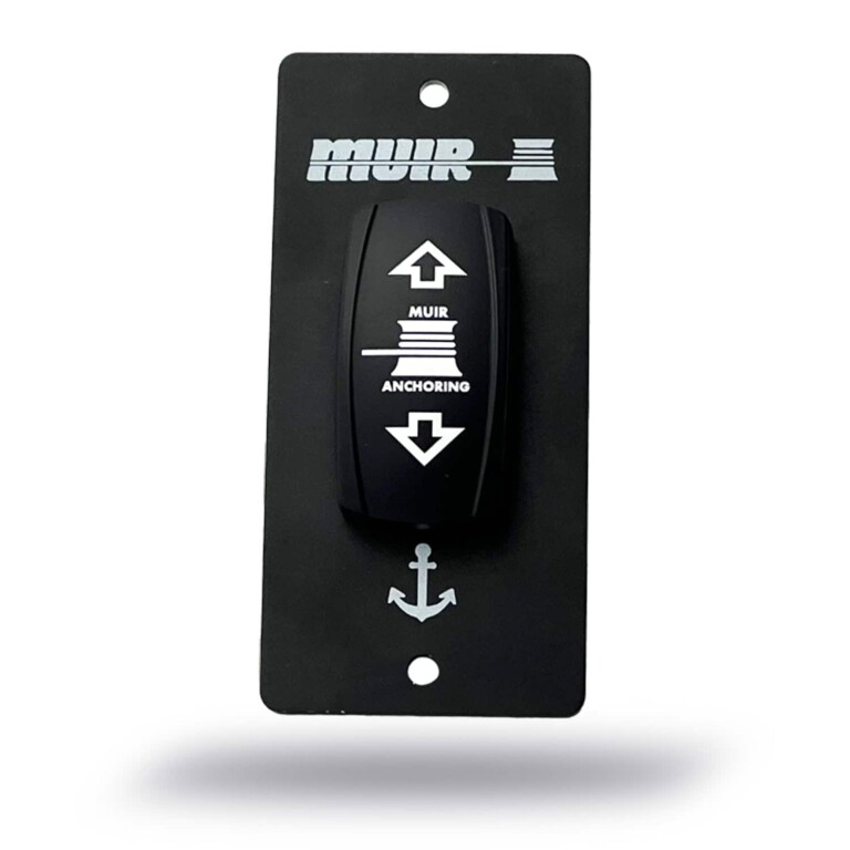 A black Muir panel-mount remote rocker switch for up and down windlass anchoring control / Rocker Switch with Panel