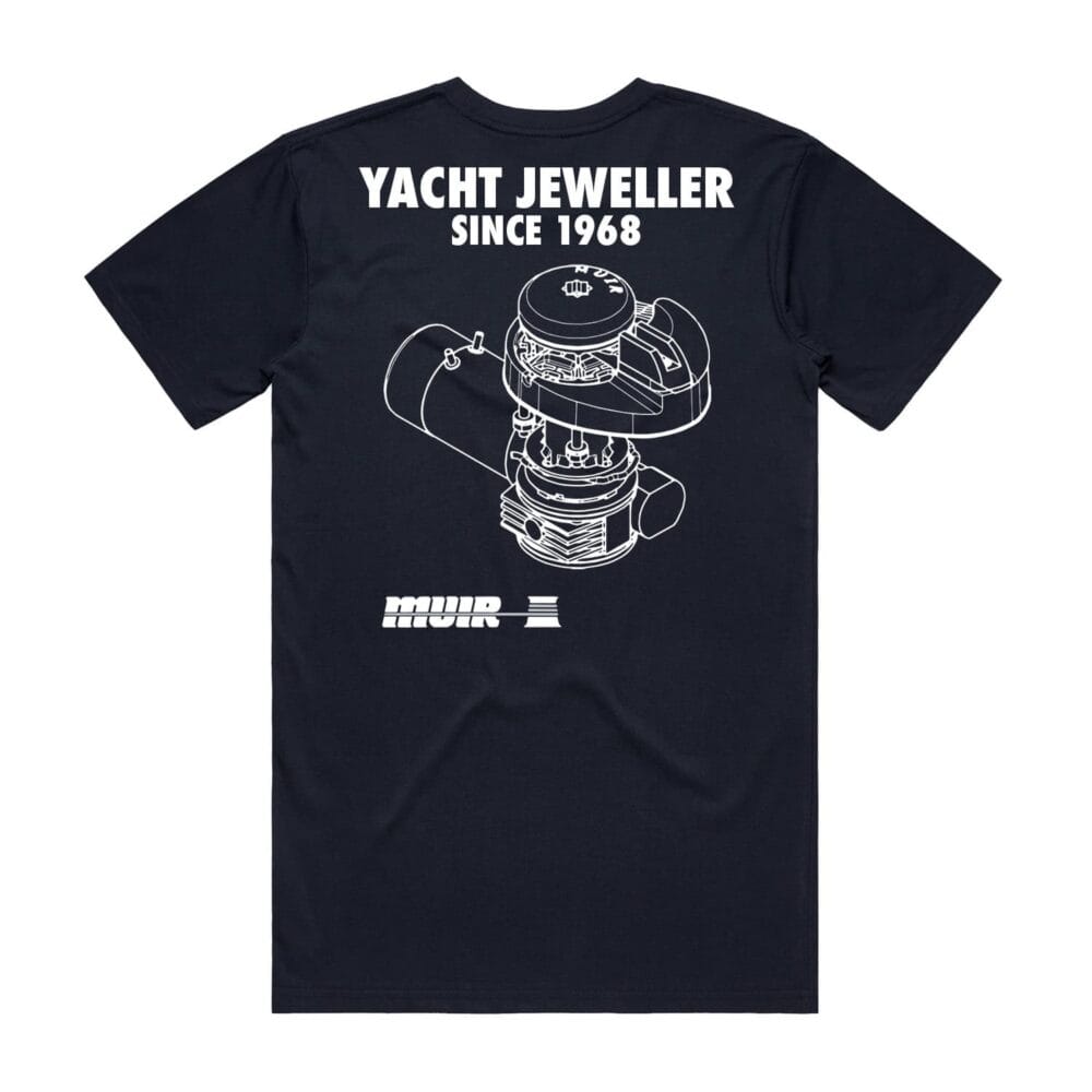 Engineered yacht gear graphic on navy T-shirt, branded with Muir Engineering logo.