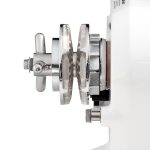 Precision engineering mechanical component on white background.