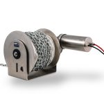 Heavy-duty industrial chain hoist with stainless steel motor and secure chain winding system.
