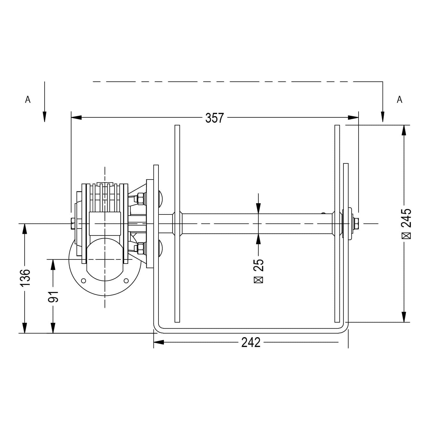 High-precision engineering drawing of industrial gearbox by Muir Engineering, showcasing detailed dimensions and mechanical components.