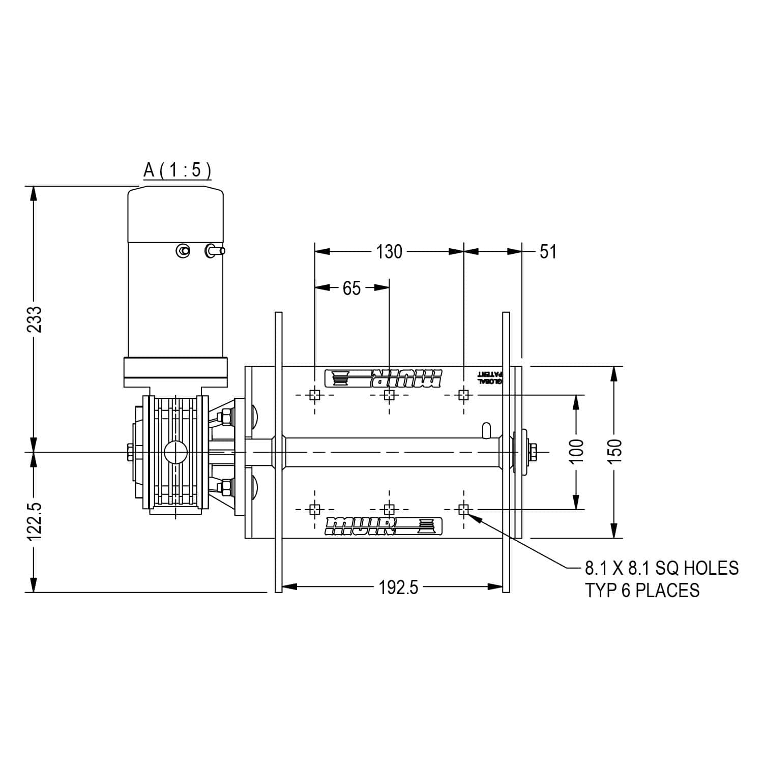High-precision engineering diagram of industrial equipment by Muir Engineering, detailing dimensions and mounting points.