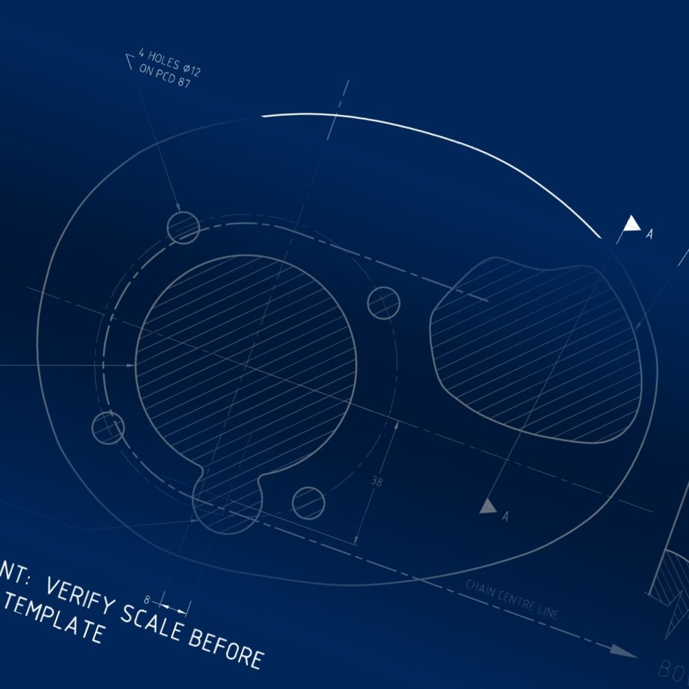 A technical drawing of a Muir windlass deck mounting template, showing hole patterns and the chain centre line.