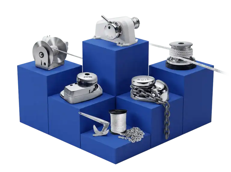 Muir anchor windlasses, drum winch and capstan with anchor, rope and chain