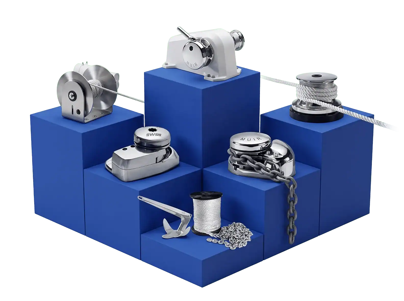 Muir recreational range: drum winch, horizontal and vertical windlasses, capstan and Easyweigh with anchor, rope and chain
